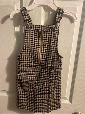 Rachel Zoe Black and Cream Houndstooth Pinafore Dress with Front Zip